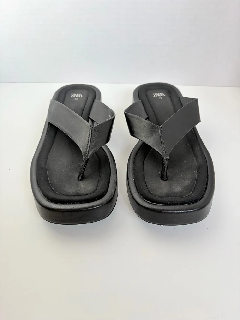 Zara Platform Thong Sandals Cushioned Comfort Shoes Square Toe Black Size 8.5 - Picture 11 of 13
